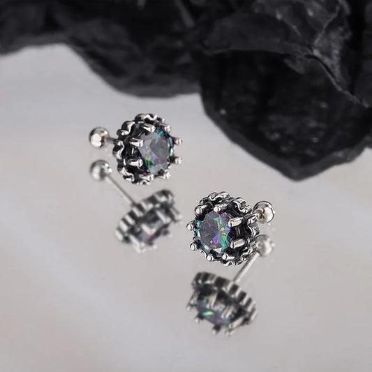 Vintage Inlaid Purple Zircon Crown Silver Screw Earrings - Earrings - Vintage Inlaid Purple Zircon Crown Silver Screw Earrings - Silver - by Hunny Life