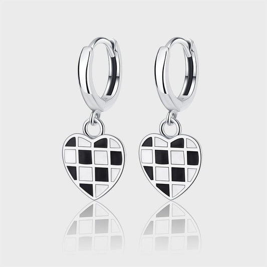 925 Heart Black And White Chessboard Latch Earrings in 2023 | 925 Heart Black And White Chessboard Latch Earrings - undefined | Creative Cute Earrings, cute earring, Heart Black And White Chessboard Earrings, Oil Drop Process Earrings, S925 Sterling Silver Earrings | From Hunny Life | hunnylife.com