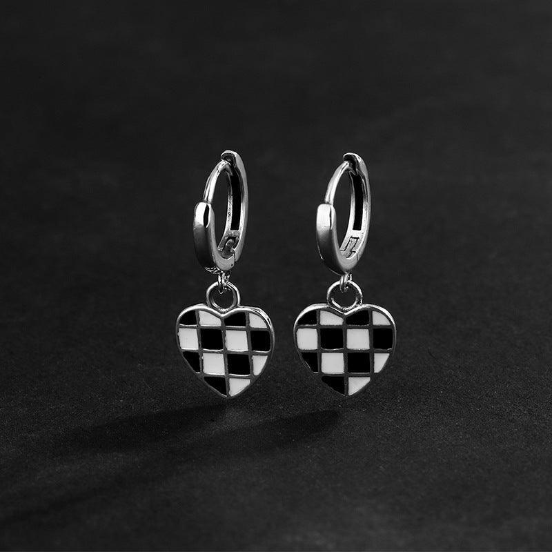 925 Heart Black And White Chessboard Latch Earrings for Christmas 2023 | 925 Heart Black And White Chessboard Latch Earrings - undefined | Creative Cute Earrings, cute earring, Heart Black And White Chessboard Earrings, Oil Drop Process Earrings, S925 Sterling Silver Earrings | From Hunny Life | hunnylife.com