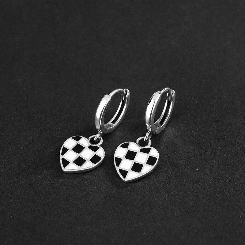 925 Heart Black And White Chessboard Latch Earrings for Christmas 2023 | 925 Heart Black And White Chessboard Latch Earrings - undefined | Creative Cute Earrings, cute earring, Heart Black And White Chessboard Earrings, Oil Drop Process Earrings, S925 Sterling Silver Earrings | From Hunny Life | hunnylife.com