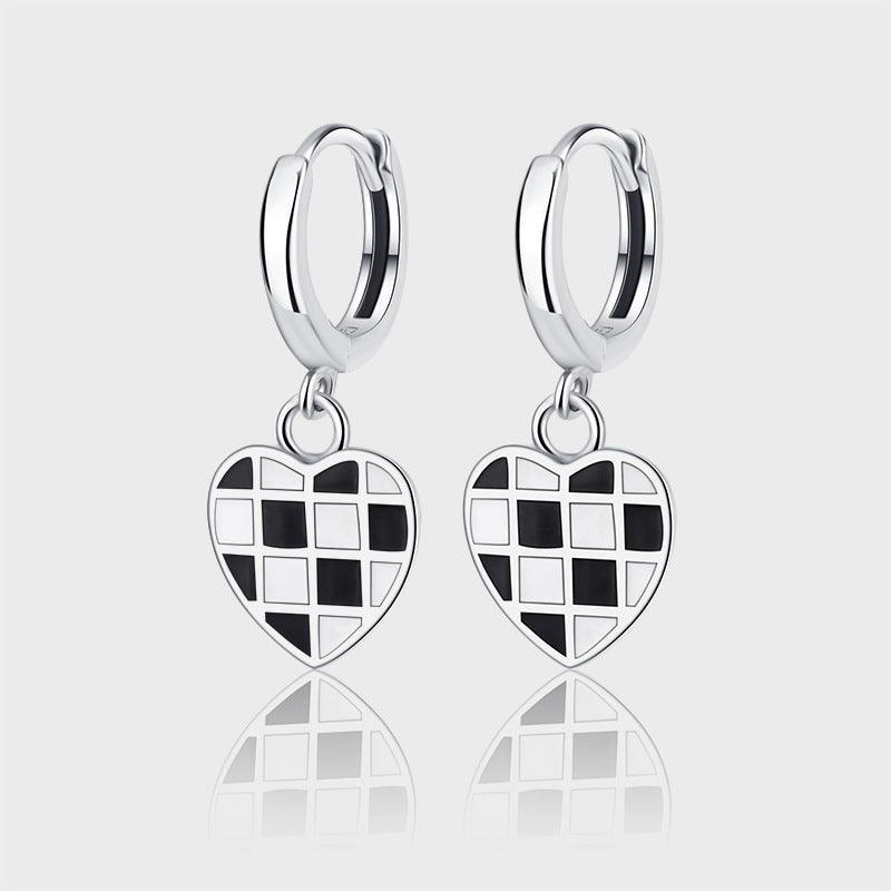 925 Heart Black And White Chessboard Latch Earrings for Christmas 2023 | 925 Heart Black And White Chessboard Latch Earrings - undefined | Creative Cute Earrings, cute earring, Heart Black And White Chessboard Earrings, Oil Drop Process Earrings, S925 Sterling Silver Earrings | From Hunny Life | hunnylife.com