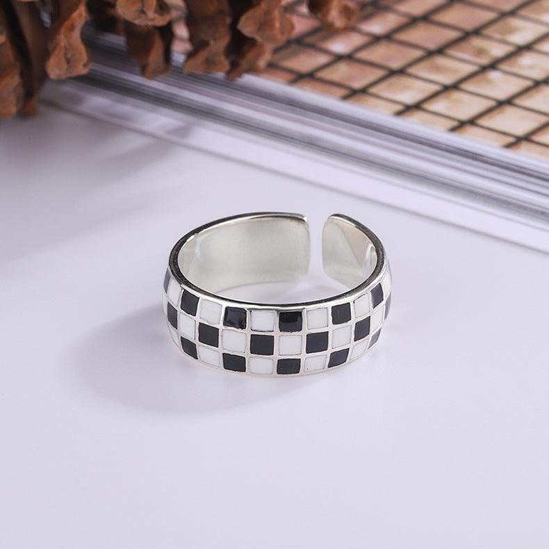 Black And White Checkerboard Design Ring in 2023 | Black And White Checkerboard Design Ring - undefined | Black And White Checkerboard Ring, Black And White Ring, cute ring, Simple Cute Minimalist Crystal Rings, Sterling Silver s925 cute Ring | From Hunny Life | hunnylife.com
