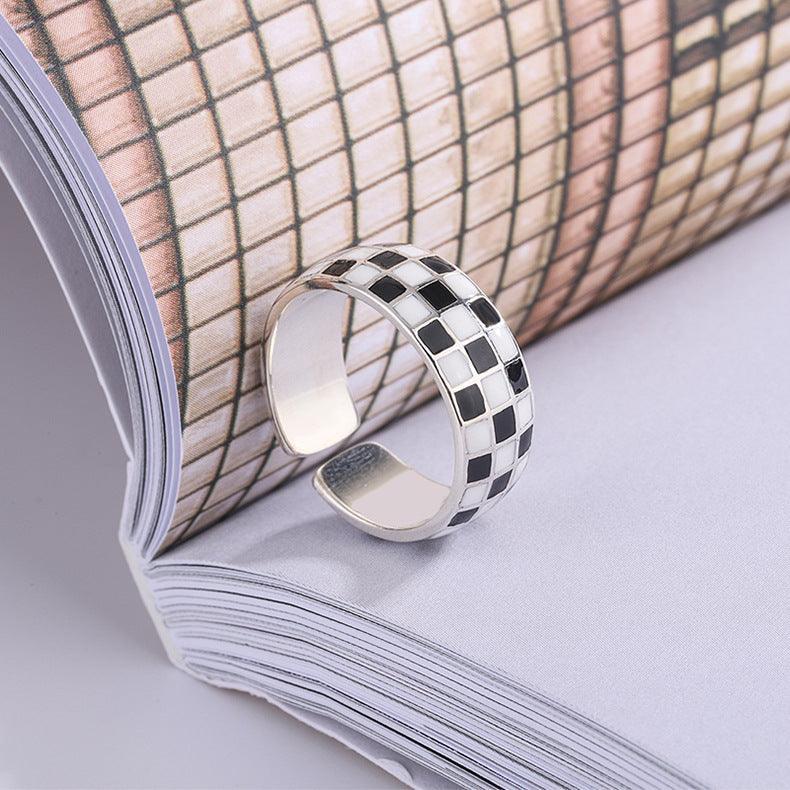 Black And White Checkerboard Design Ring in 2023 | Black And White Checkerboard Design Ring - undefined | Black And White Checkerboard Ring, Black And White Ring, cute ring, Simple Cute Minimalist Crystal Rings, Sterling Silver s925 cute Ring | From Hunny Life | hunnylife.com