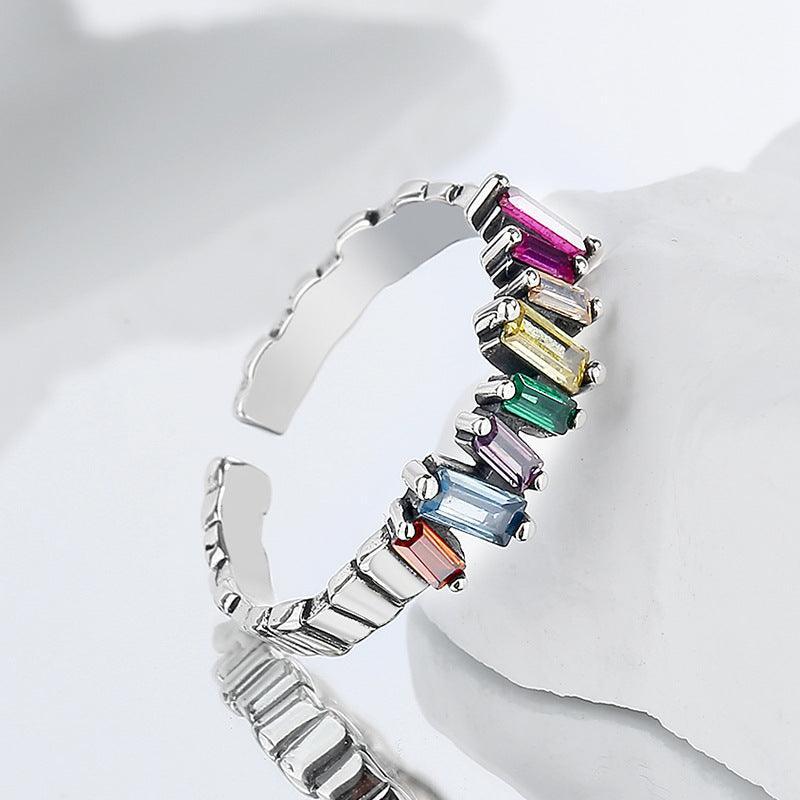 S925 Silver Colorful Ladder Zircon Ring for Christmas 2023 | S925 Silver Colorful Ladder Zircon Ring - undefined | Colorful Ladder Zircon Ring, cute ring, S925 Silver Vintage Cute Ring, Women's Irregular Inlay Women's | From Hunny Life | hunnylife.com