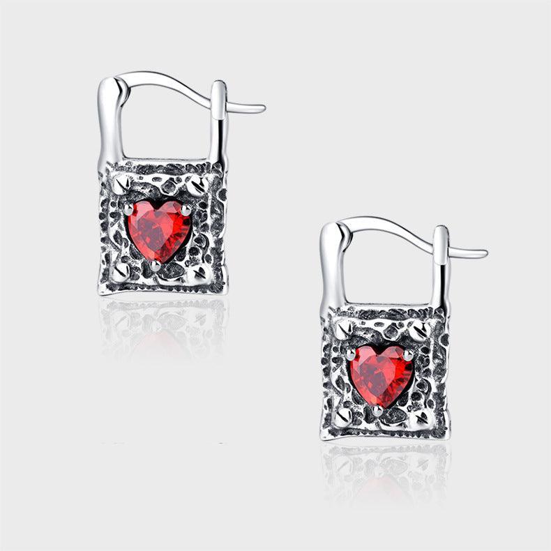 Vintage Silver Lock Inlaid With Heart Earrings for Christmas 2023 | Vintage Silver Lock Inlaid With Heart Earrings - undefined | 925 Sterling Silver Vintage Earrings, Creative Cute Earrings, cute earring, S925 Sterling Silver Earrings, Vintage Silver Lock Inlaid With Red Heart Earrings | From Hunny Life | hunnylife.com