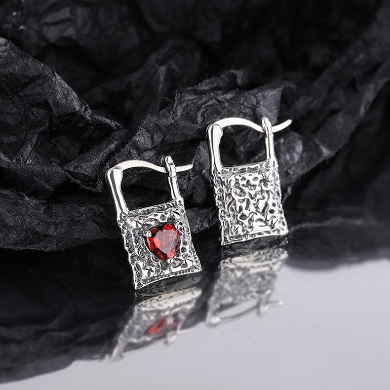 Vintage Silver Lock Inlaid With Heart Earrings in 2023 | Vintage Silver Lock Inlaid With Heart Earrings - undefined | 925 Sterling Silver Vintage Earrings, Creative Cute Earrings, cute earring, S925 Sterling Silver Earrings, Vintage Silver Lock Inlaid With Red Heart Earrings | From Hunny Life | hunnylife.com