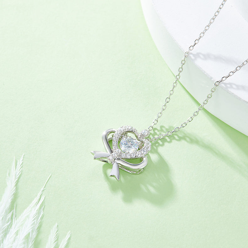Bow Heart Halo Moissanite Necklace