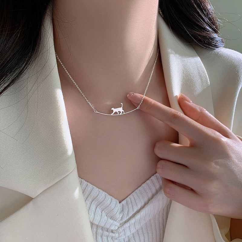 925 Sterling Silver Minimal Cat Bar Necklace